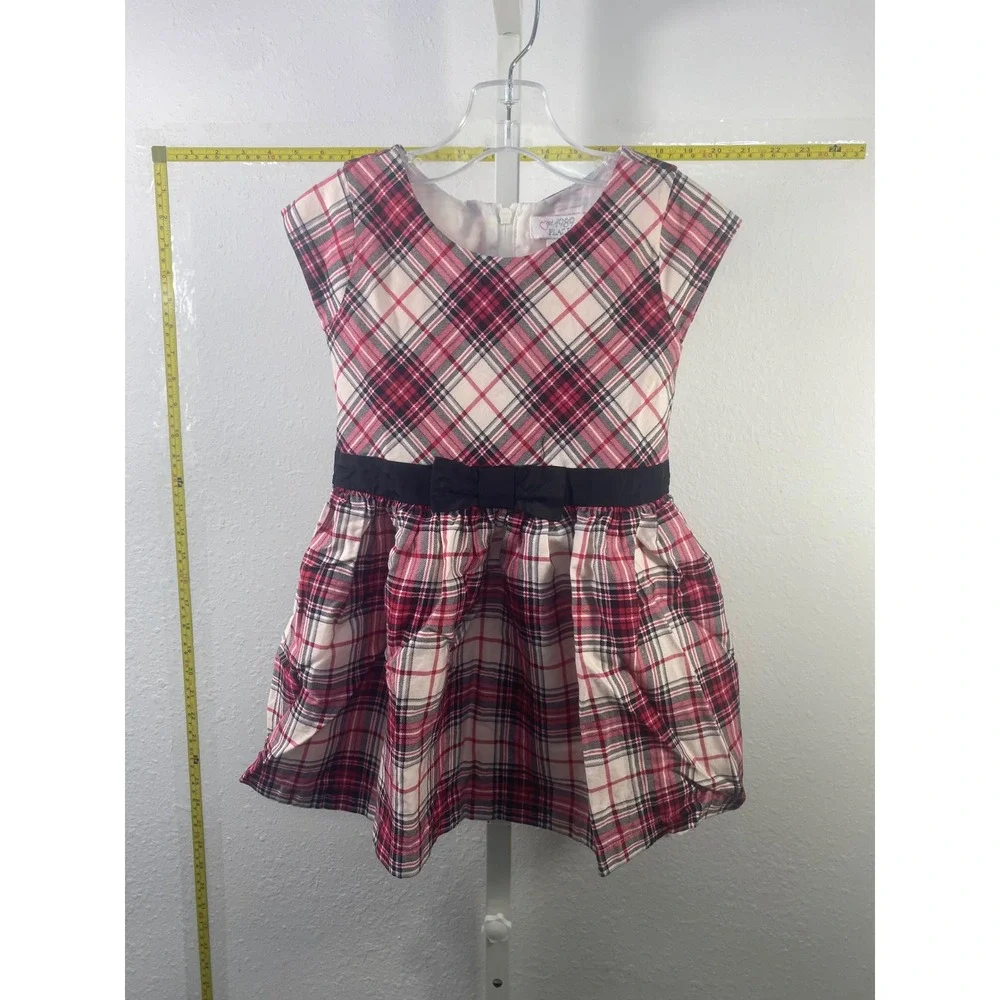 The Childrens Place Girls 3T Red Plaid Holiday Party Dress Cap Sleeve Bow Waist